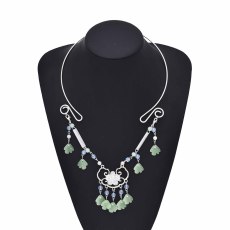 N-8073 New Vintage Clouds White Flower Green Leaf Tassel Silver Alloy Necklace For Women Party Gift