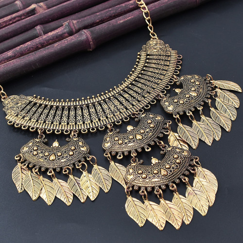 N-7781 Gypsy Vintage Metal Leaves Tassel Statement Necklaces Earrings Sets for Women Boho Party Jewelry Sets