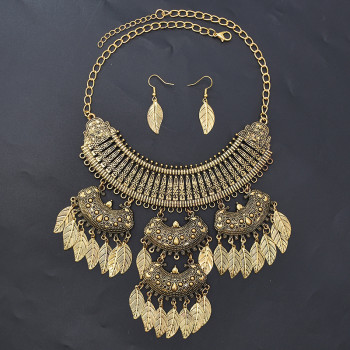 N-7781 Gypsy Vintage Metal Leaves Tassel Statement Necklaces Earrings Sets for Women Boho Party Jewelry Sets