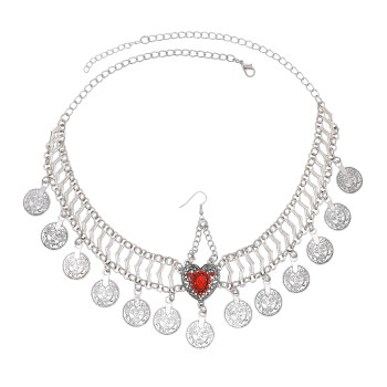 F-1076-BL/RE Women Heart Headband Beads Coin Tassel Dance Head Chain Costume Jewelry Accessories for Girls Decoration