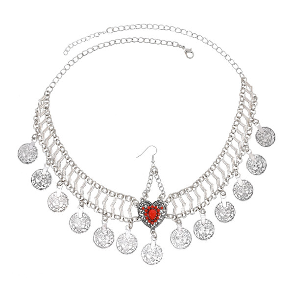F-1076-BL/RE Women Heart Headband Beads Coin Tassel Dance Head Chain Costume Jewelry Accessories for Girls Decoration