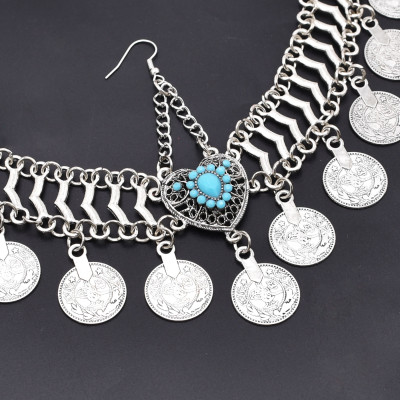 F-1076-BL/RE Women Heart Headband Beads Coin Tassel Dance Head Chain Costume Jewelry Accessories for Girls Decoration