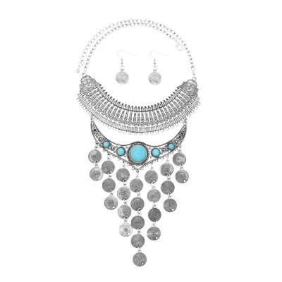 N-8078 Vintage Gold Silver Circle Long Tassel Moon Choker Necklace