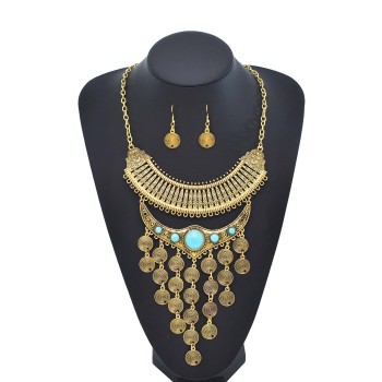 N-8078 Vintage Gold Silver Circle Long Tassel Moon Choker Necklace