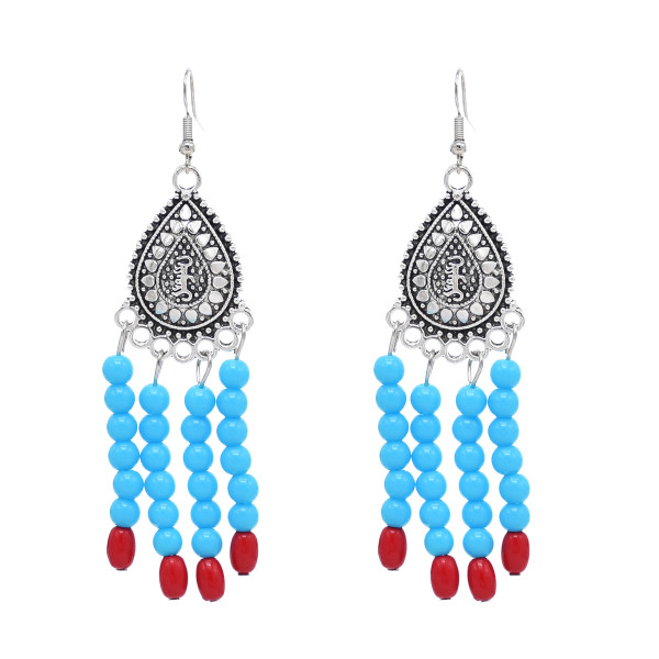 E-6585-BL/RE Vintage Tibetan Earrings Ethnic Bead Tassel Dangle for Women Girl Vacation Party Festival Jewelry Gift