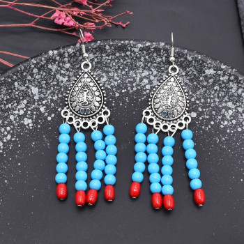 E-6585-BL/RE Vintage Tibetan Earrings Ethnic Bead Tassel Dangle for Women Girl Vacation Party Festival Jewelry Gift