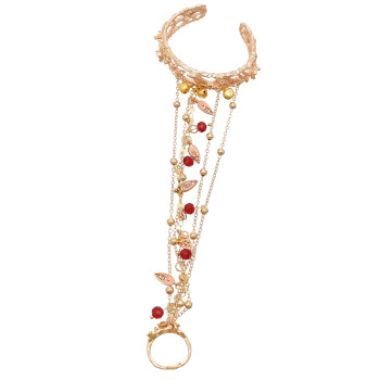 B-1256 Gold Plated Vintage Cuff Bracelet Red Beads Chains Bell With ring Bracelet