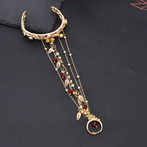 B-1256 Gold Plated Vintage Cuff Bracelet Red Beads Chains Bell With ring Bracelet