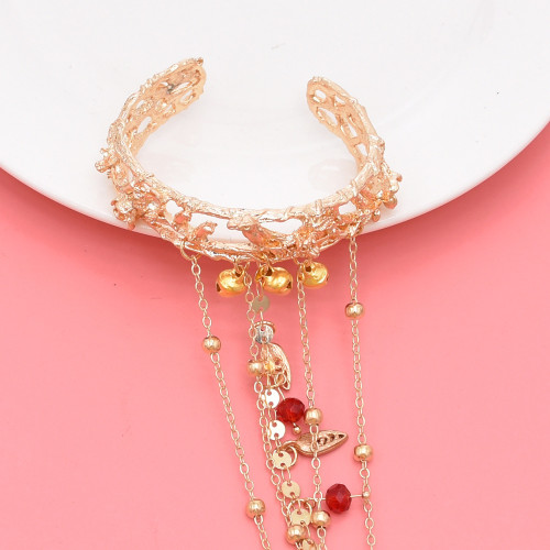 B-1256 Gold Plated Vintage Cuff Bracelet Red Beads Chains Bell With ring Bracelet