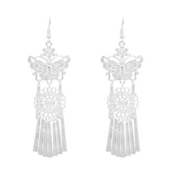 E-6593 Silver Bohemian Butterfly Tassel Earrings Ethnic Dangle for Women Girls Festival Vacation Decoration