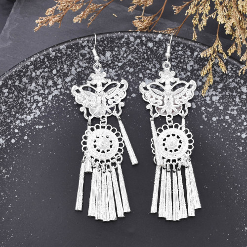 E-6593 Silver Bohemian Butterfly Tassel Earrings Ethnic Dangle for Women Girls Festival Vacation Decoration