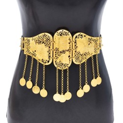 N-8098 Gold Long Chain Coin Tassel Pendant Waist Belly Chains Hollow Rose Patterned Metal Waistband Body Jewelry