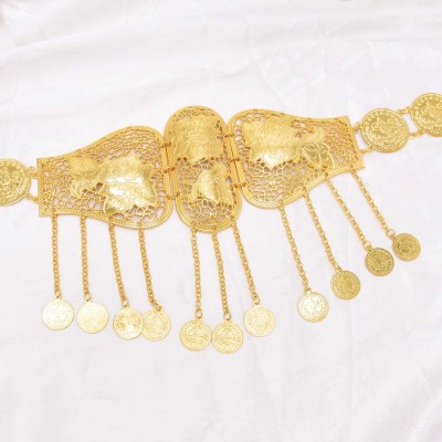 N-8098 Gold Long Chain Coin Tassel Pendant Waist Belly Chains Hollow Rose Patterned Metal Waistband Body Jewelry