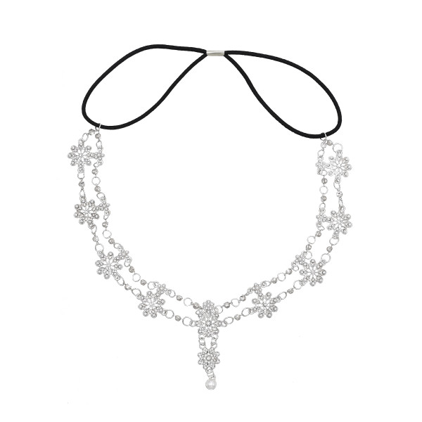 F-1084 Boho Forehead Head Chain Silver Flower Headpiece with Elastic Rope For Women Girls Vacation Decoration