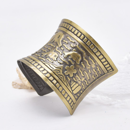 B-1267 Mummy and Baby Dolphin Open Arm Cuff Bracelet Vintage Pattern Carved Bohemian Ethnic Statement Bracelet for Women Girls