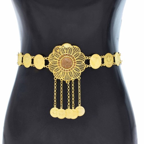 N-8103 Fashion Gold Alloy Clear Crystal Hollow Flower Type Belly Waist Chains Long Coin Tassel For Women Gril Party Accessories