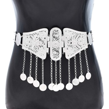 N-8104 Silver Long Chain Coin Tassel Pendant Metal Waist Belly Chains Carved Chrysanthemum Pattern Body Jewelry