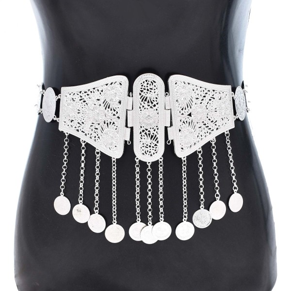 N-8104 Silver Long Chain Coin Tassel Pendant Metal Waist Belly Chains Carved Chrysanthemum Pattern Body Jewelry