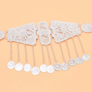 N-8104 Silver Long Chain Coin Tassel Pendant Metal Waist Belly Chains Carved Chrysanthemum Pattern Body Jewelry