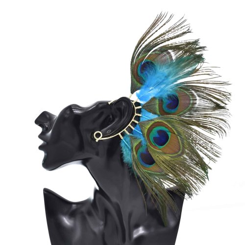 E-6595 Peacock Feathers Women Ear Cuff Exaggerated Indian Ethnic Aolly Statement Clips Earrings