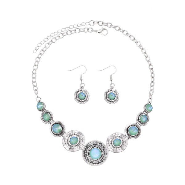 N-8108 Vintage Silver Purple Green Round Acrylic Gem Necklace Earrings Set