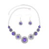 N-8108 Vintage Silver Purple Green Round Acrylic Gem Necklace Earrings Set
