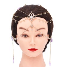 Purple Crystal Beads Long Tassel Chinese Bridal Hair Accessories Zircon Headwear