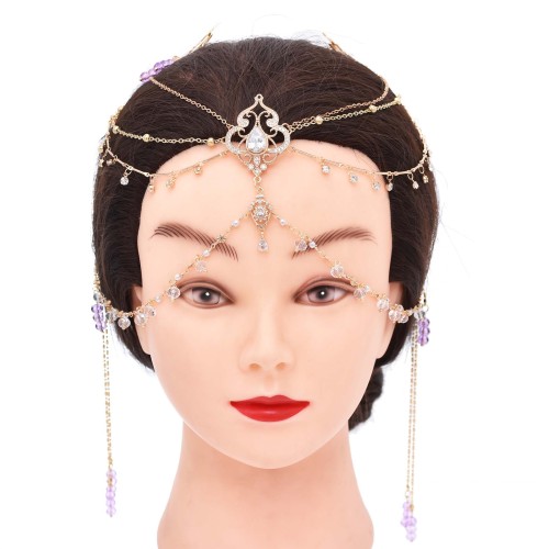 F-1092 Purple Blue Red Crystal Beads Long Tassel Chinese Bridal Hair Accessories Zircon Headwear