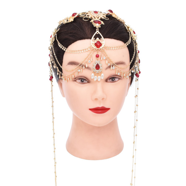 F-1093 Red Crystal Beads Long Tassels Chinese Bridal Hair Accessories Zircon Headwear Women's Party Jewelry Gifts