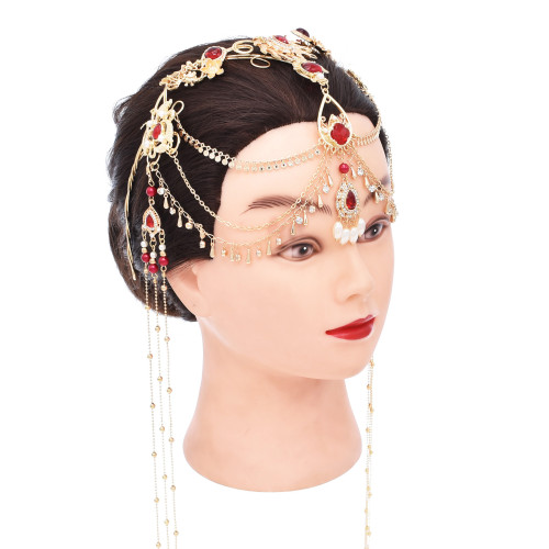 F-1093 Red Crystal Beads Long Tassels Chinese Bridal Hair Accessories Zircon Headwear Women's Party Jewelry Gifts