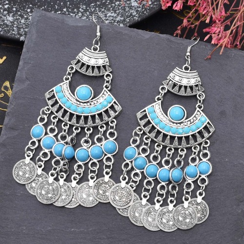 E-6598  New Exaggerated Turquoise Coin Earrings Boho Jewelry Fashion Accessories