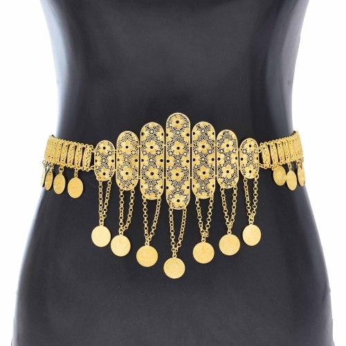 N-8112 Gold Long Chain Coin Tassel Pendant Metal Waist Belly Chains Carved Flower Pattern Body Jewelry