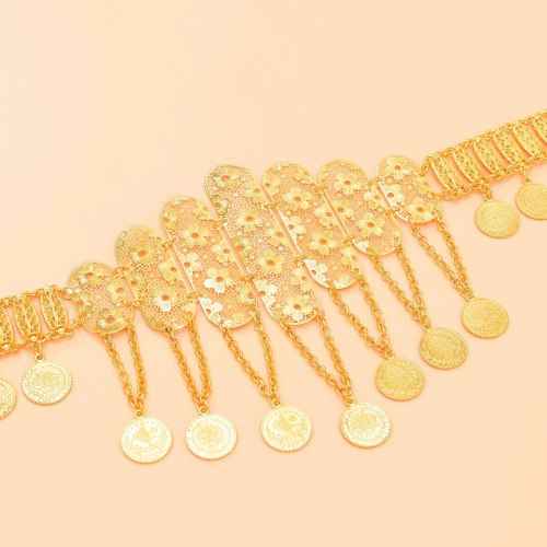 N-8112 Gold Long Chain Coin Tassel Pendant Metal Waist Belly Chains Carved Flower Pattern Body Jewelry