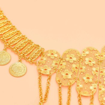 N-8112 Gold Long Chain Coin Tassel Pendant Metal Waist Belly Chains Carved Flower Pattern Body Jewelry