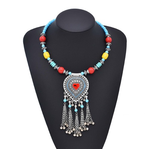 N-8115 Tibetan Colorful Beads Bells Tassel Long Chain Heart Shaped Necklace Headwear Dual Use