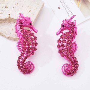 E-6603 Punk Acrylic Rose Red Crystal Seahorse Earrings Stud For Women