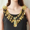 N-8124 3-Layer Gold Coin Tassel Green Turquoise Flower Waist Chain Necklace Accessories