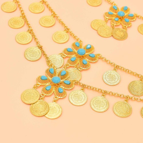 N-8124 3-Layer Gold Coin Tassel Green Turquoise Flower Waist Chain Necklace Accessories