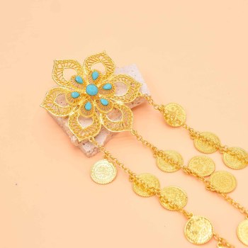 N-8124 3-Layer Gold Coin Tassel Green Turquoise Flower Waist Chain Necklace Accessories