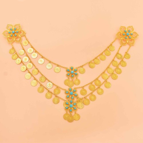 N-8124 3-Layer Gold Coin Tassel Green Turquoise Flower Waist Chain Necklace Accessories