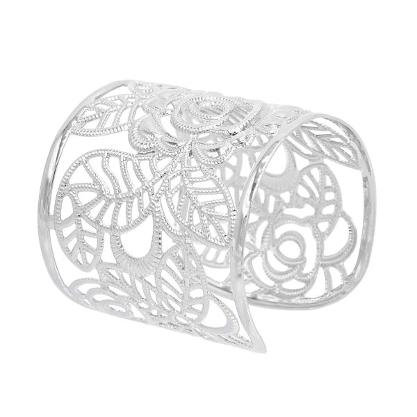 B-1270 Silver Women Bracelets Carved Hollow Flower Statement Open Arm Bracelets