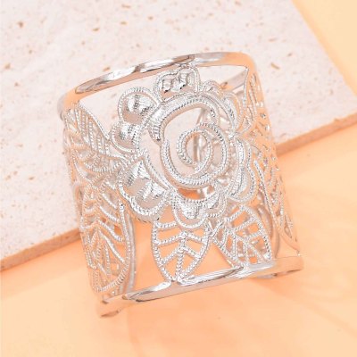B-1270 Silver Women Bracelets Carved Hollow Flower Statement Open Arm Bracelets