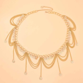 N-7675 Vintage Gold Metal Multilayers Coin Tassel Dress Dance Belly Waist Chains for Women Party Body Jewelry