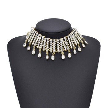 N-8127 Vintage Full Crystal Drip Tassel Choker Necklace for Women