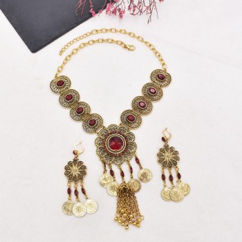 N-8128 Golden Bohemian Style Tassel Necklace Ethnic Earnail Set Women's Birthday Gift Holiday Jewelry