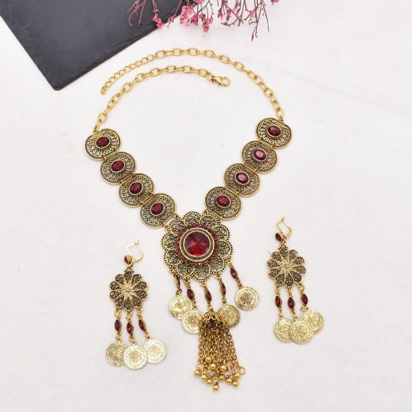 N-8128 Golden Bohemian Style Tassel Necklace Ethnic Earnail Set Women's Birthday Gift Holiday Jewelry