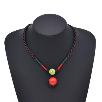 N-8131 Handmade Rope Woven Red Bead Pendant Choker Necklace