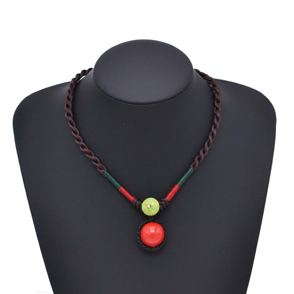 N-8131 Handmade Rope Woven Red Bead Pendant Choker Necklace
