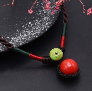 N-8131 Handmade Rope Woven Red Bead Pendant Choker Necklace