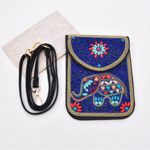 N-8134 New Elephant pattern Turquoise Rice Beads Short Hand Bag Purse Cosmetic Bag for Women Girls party Accessories